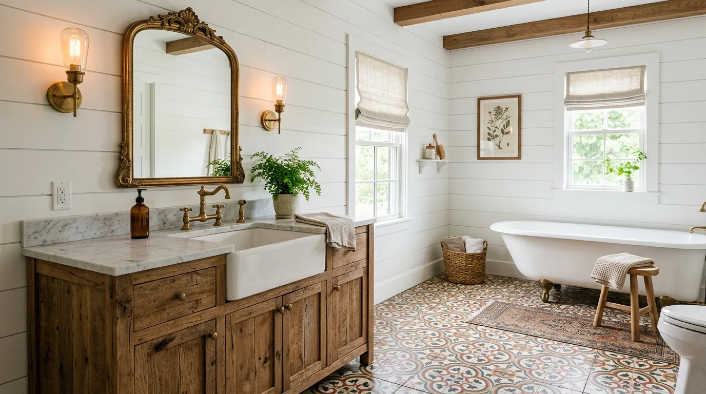 Let vintage-inspired lighting soften the room inspiration for a modern farmhouse bathroom.